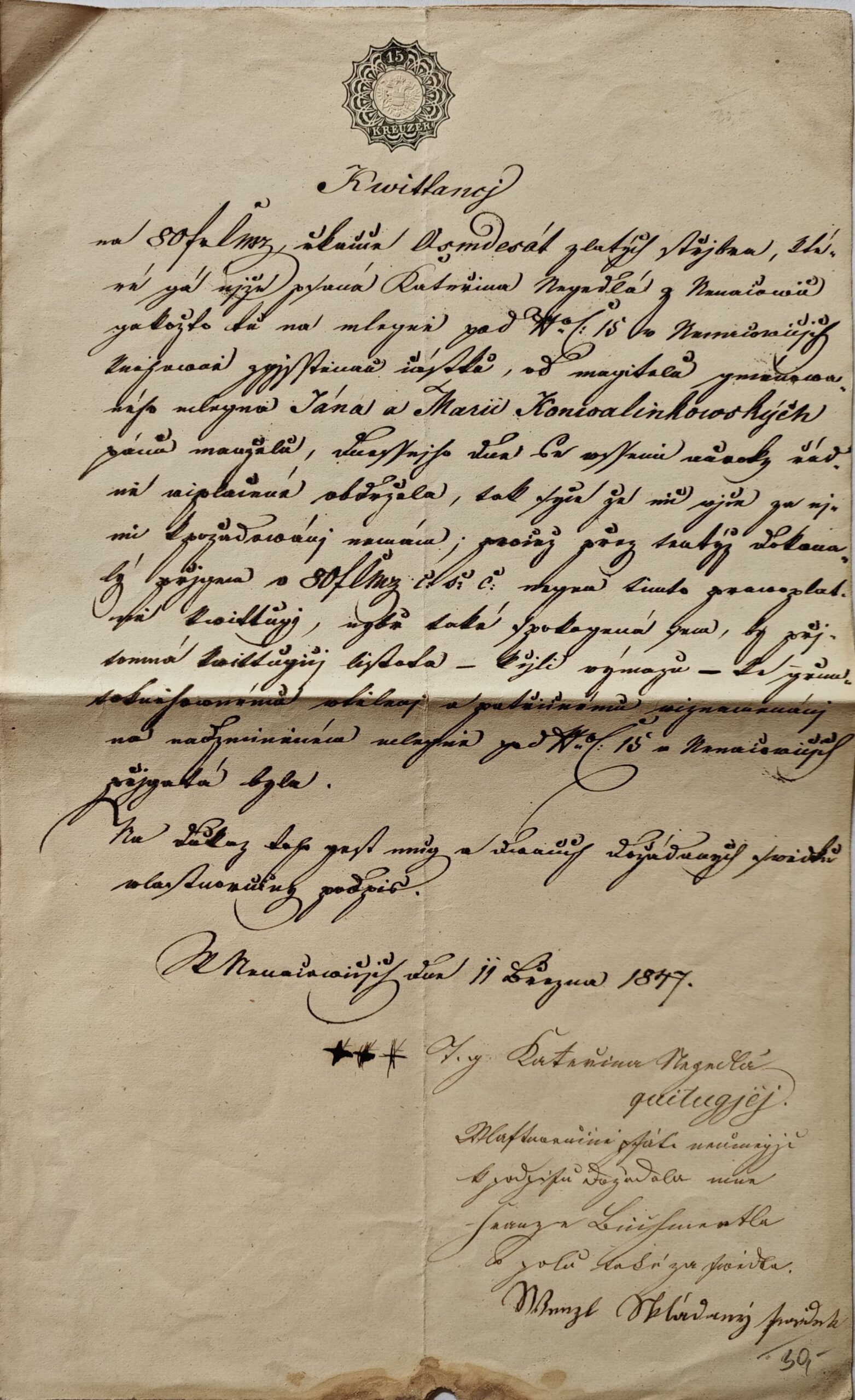 Kvitance z r. 1847 psaná kurentem